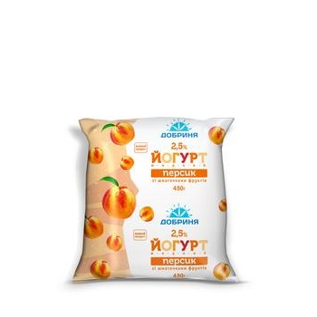 Yogurt Dobrynya peach with fruit pieces 2.5% 450g sachet Ukraine - buy, prices for - photo 1