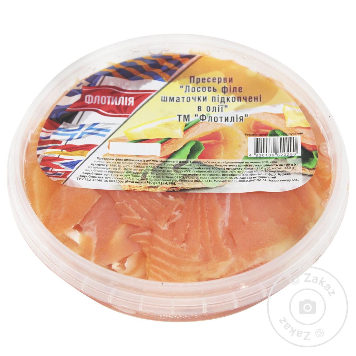 

Лосось Флотилия филе-кусочки подкопченные в масле 180г