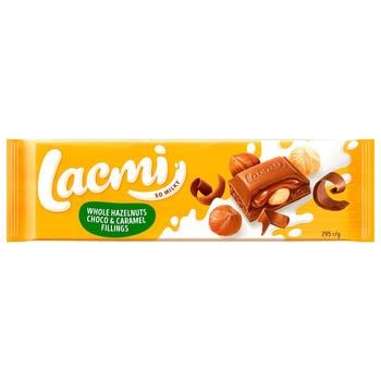 Шоколад молочний Roshen Lacmi з цілими лісовими горіхами і шоколадно карамельною начинкою 295г