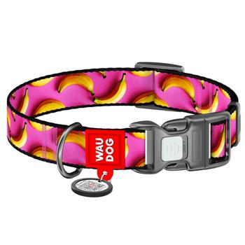 Waudog Nylon Dog Collar with QR Passport 28-40cm/20mm with Design of Bananas on Pink