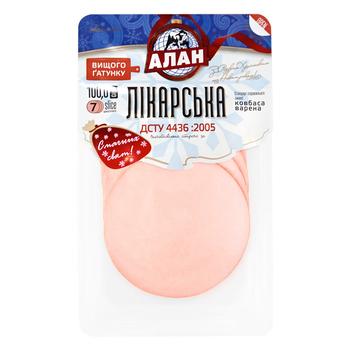 Ковбаса Алан Лікарська варена нарізана вищий сорт 100г